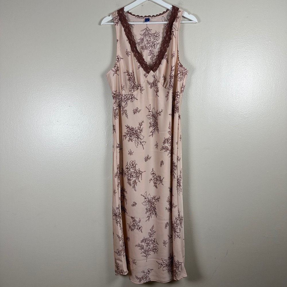 Old Navy Women's L Midi Slip Dress‎ Pink Floral Lace Trim V-Neck NEW